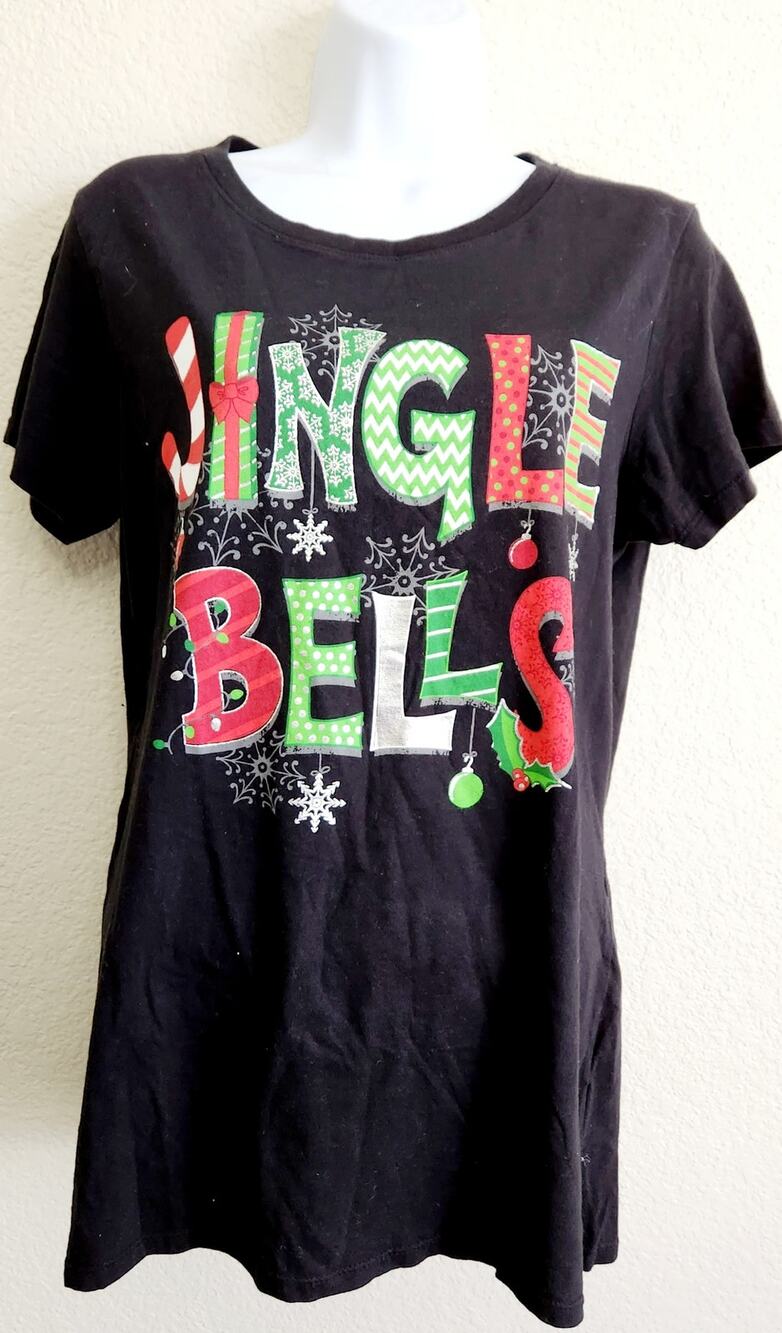 Holiday Time Black Jingle Bells Graphic T Shirt Large 12 14 Lightweight